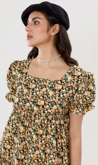 JADE Tiered Puff-Sleeve Dress (Black)