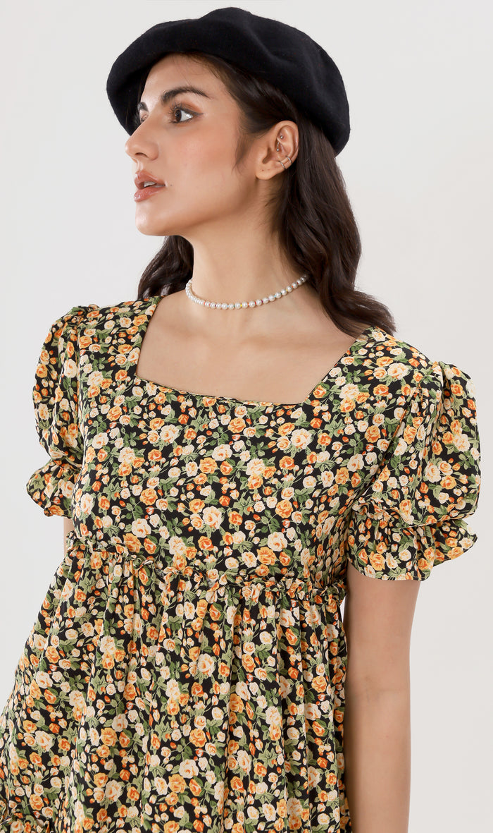 JADE Tiered Puff-Sleeve Dress (Black)