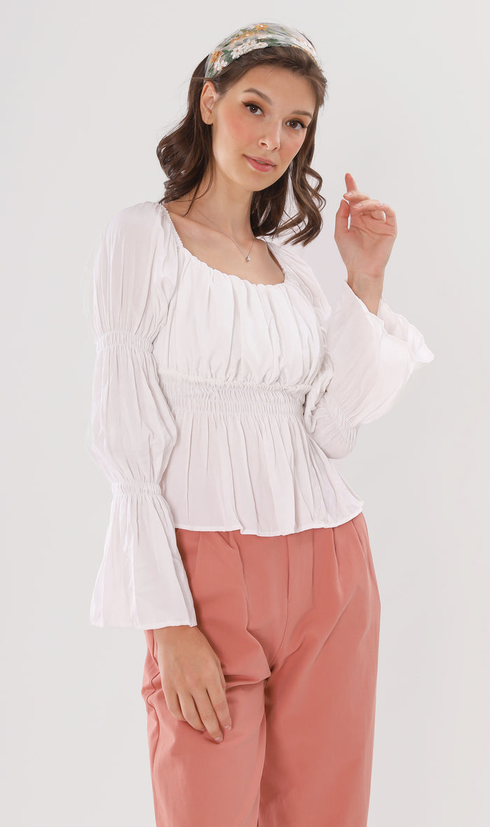 PRISCILLA Tiered-Sleeve Ruched 2-Way Top (White)