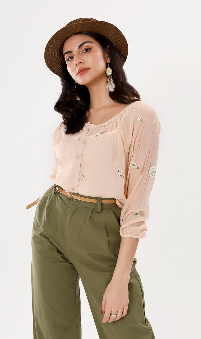 FLEUR Sheer Long-Sleeve Top (Peach)