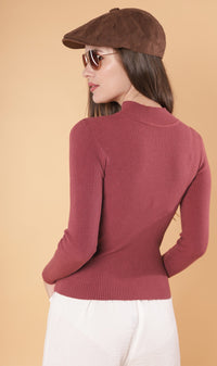 ROUX Mock-Neck Long-Sleeve Knit Top (Dusty Red)
