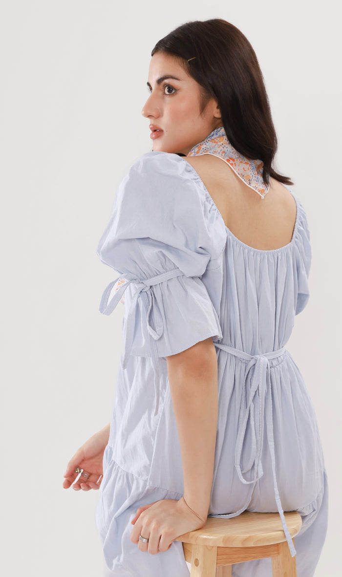 MADILYN Tiered Tie Puff-Sleeve Dress (Powder Blue)