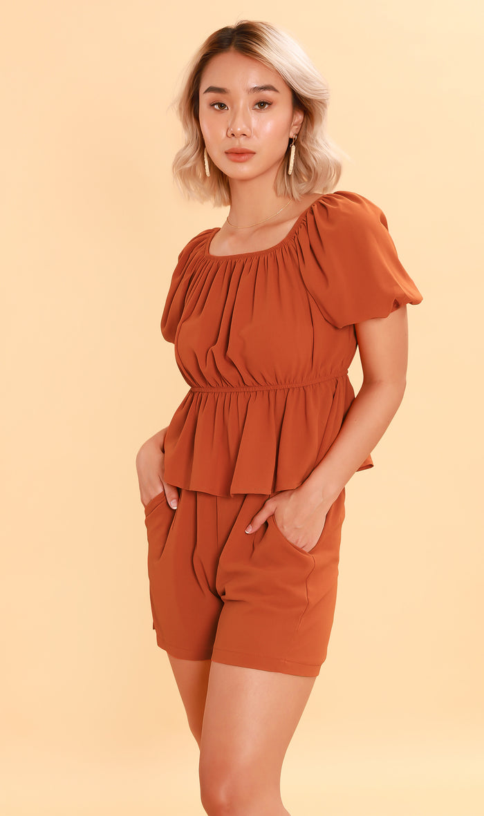 JENNIE Puff-Sleeve Peplum Co-ord (Rust)