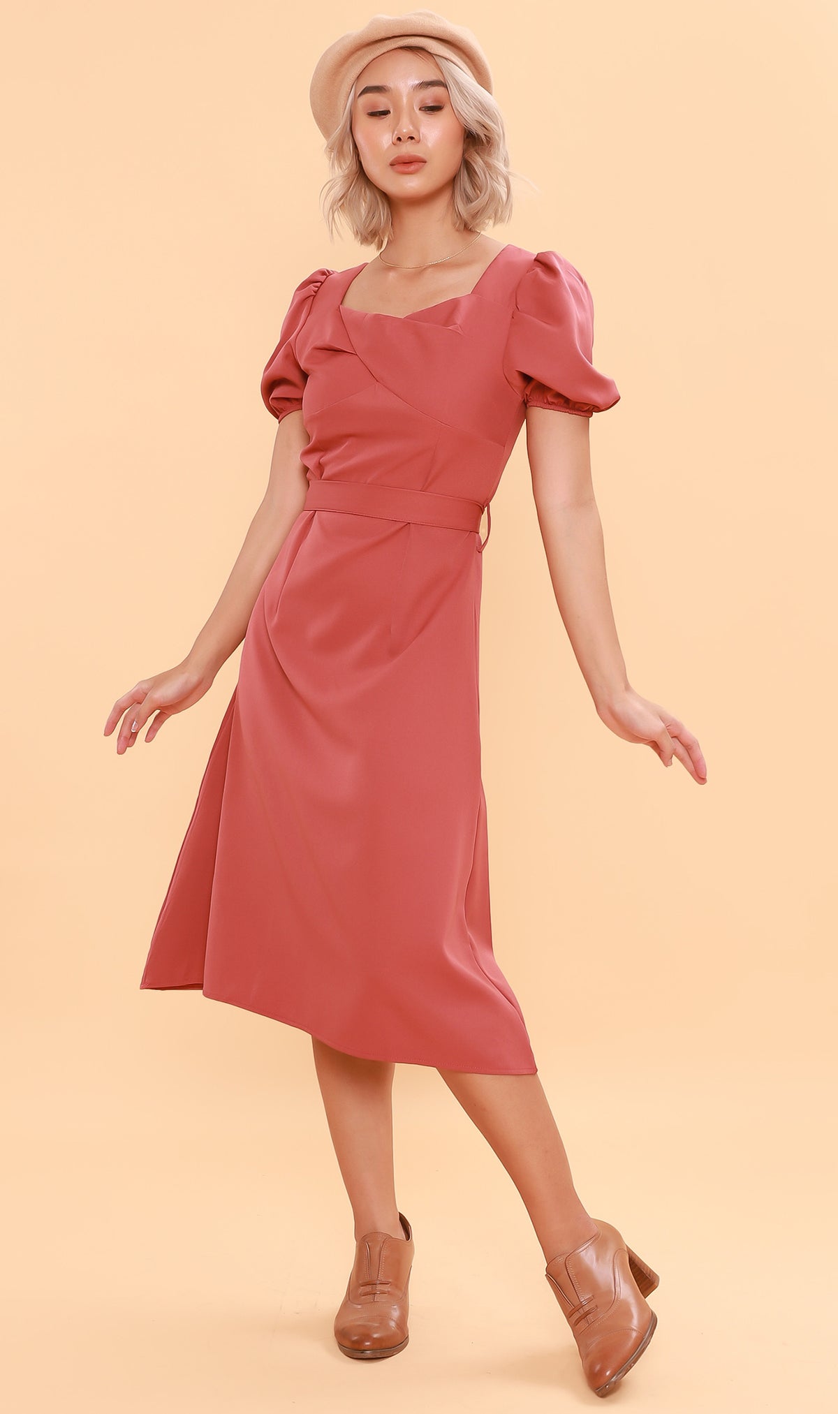 DAPH Puff-Sleeve Midi Dress (Dusty Rose)