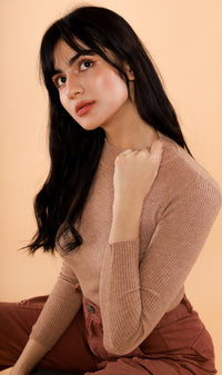 ROUX Mock-Neck Long-Sleeve Knit Top (Tan)