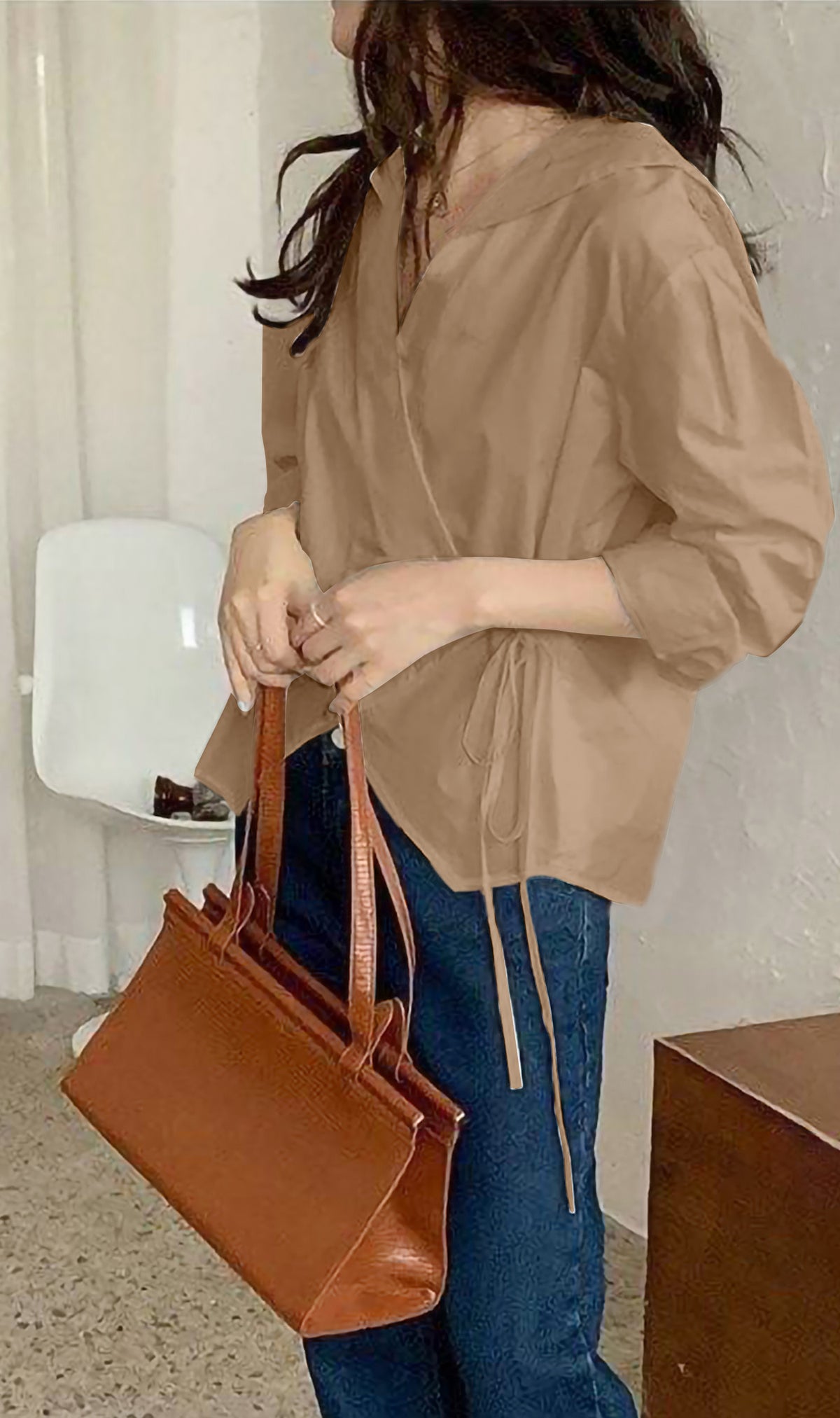 DESI Wrap-Front Long-Sleeve Top (Latte)