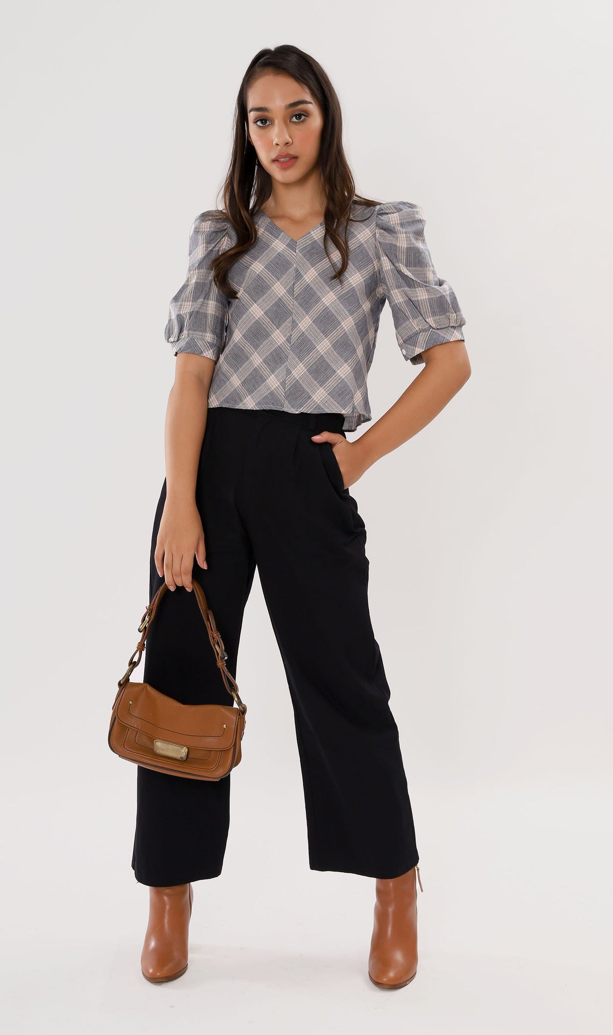 MARLA Plaid Puff-Sleeve 2-way Top (Dark Grey)