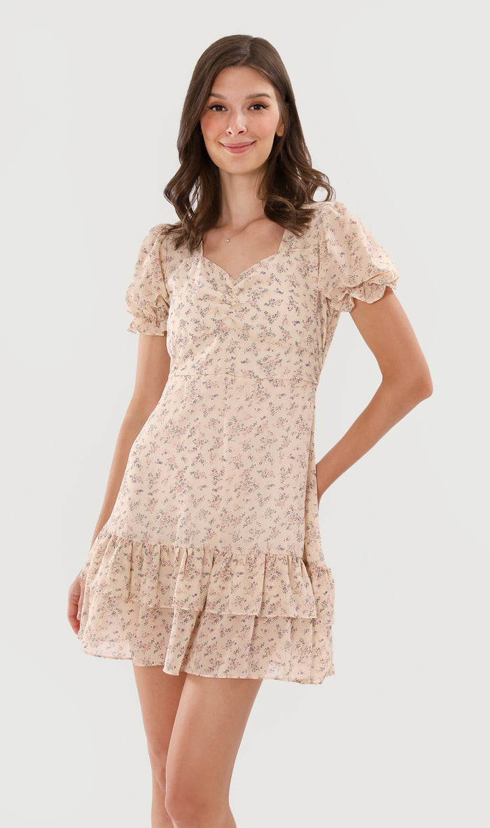 CRYSTAL Puff-Sleeve Ruffled Dress (Cream)