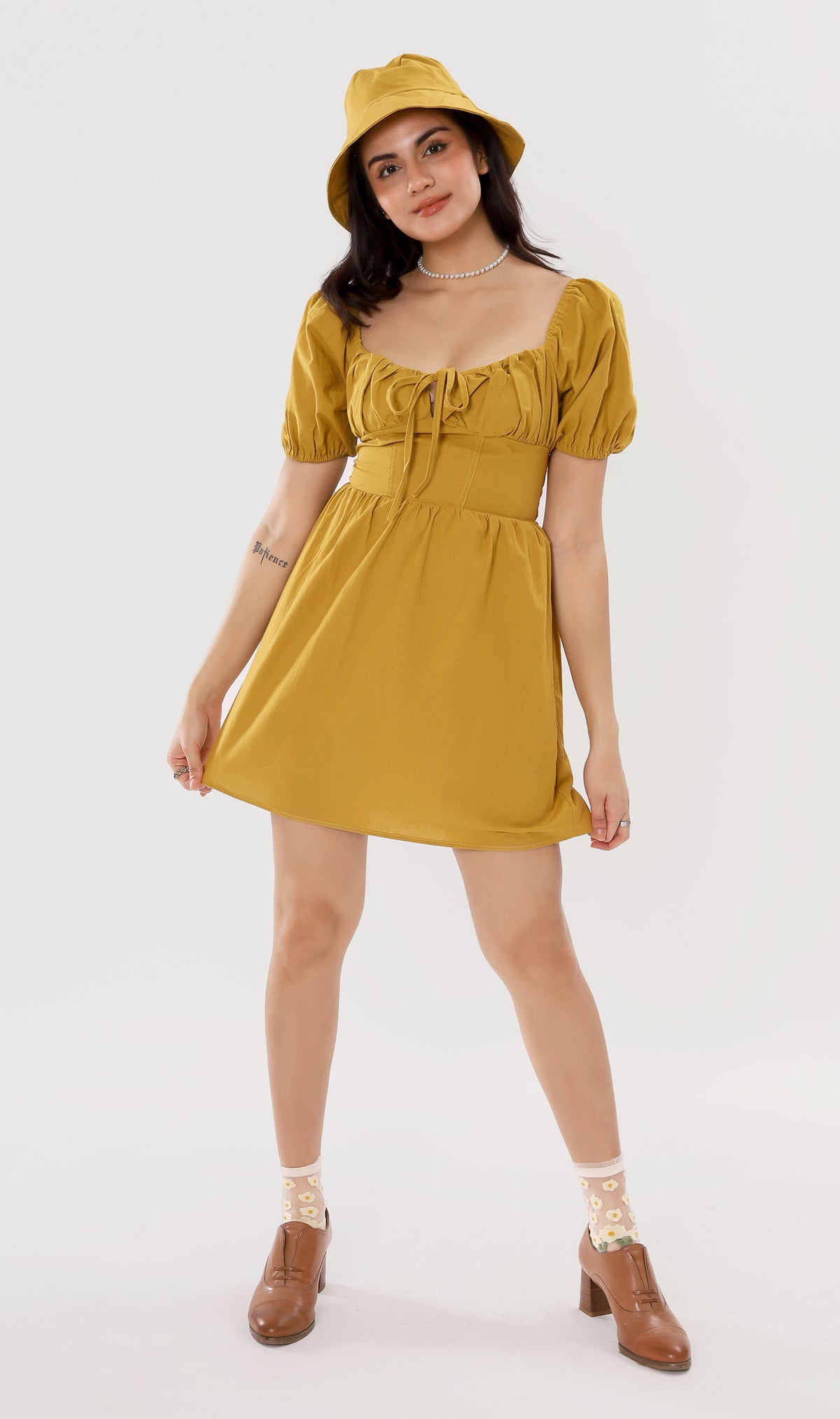 QUINCY Ruched Puff-Sleeve Dress w/ Hat (Mustard)