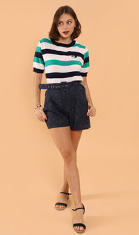 LUCILLE Tweed Belted Shorts (Dark Blue)