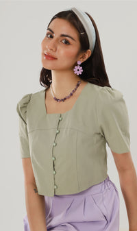 CHANTAL Buttoned Square-Neck Top (Avocado)