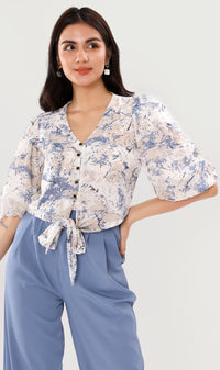 DEVIKA Tie-Waist Puff Sleeve Top (Blue)
