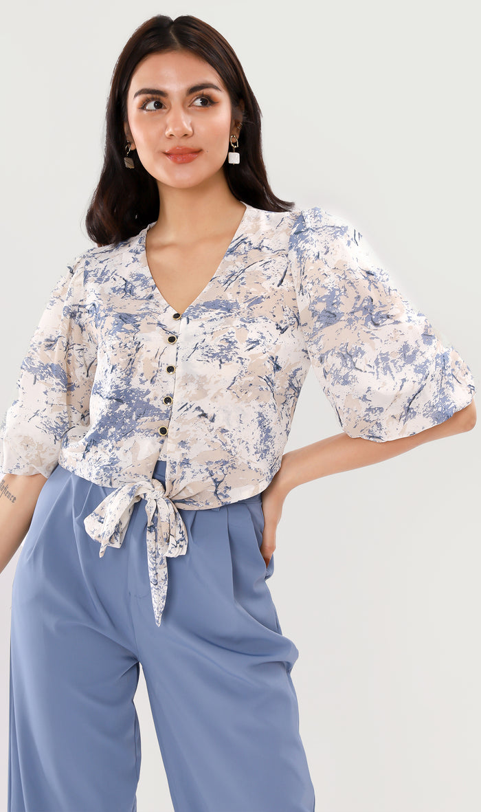 DEVIKA Tie-Waist Puff Sleeve Top (Blue)