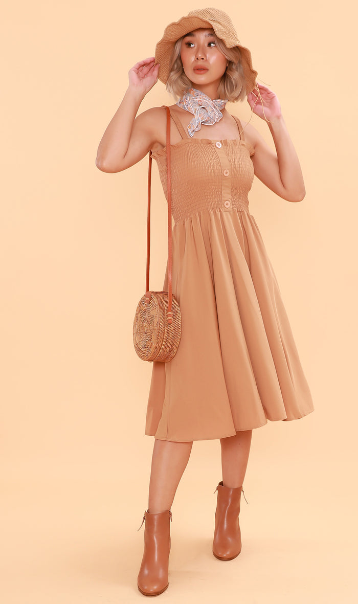 GENEVIEVE Smocked Midi Dress (Latte Brown)