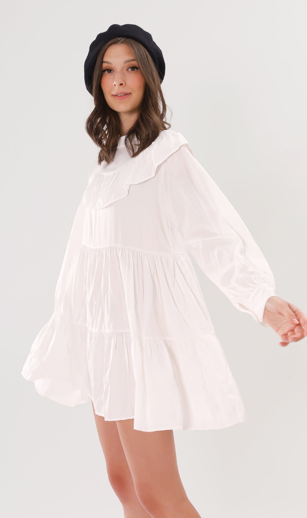 IMOGEN Bib-Collar Long-Sleeve Tiered Dress (White)