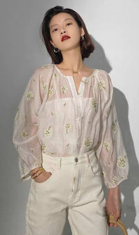 FLEUR Sheer Long-Sleeve Top (White)