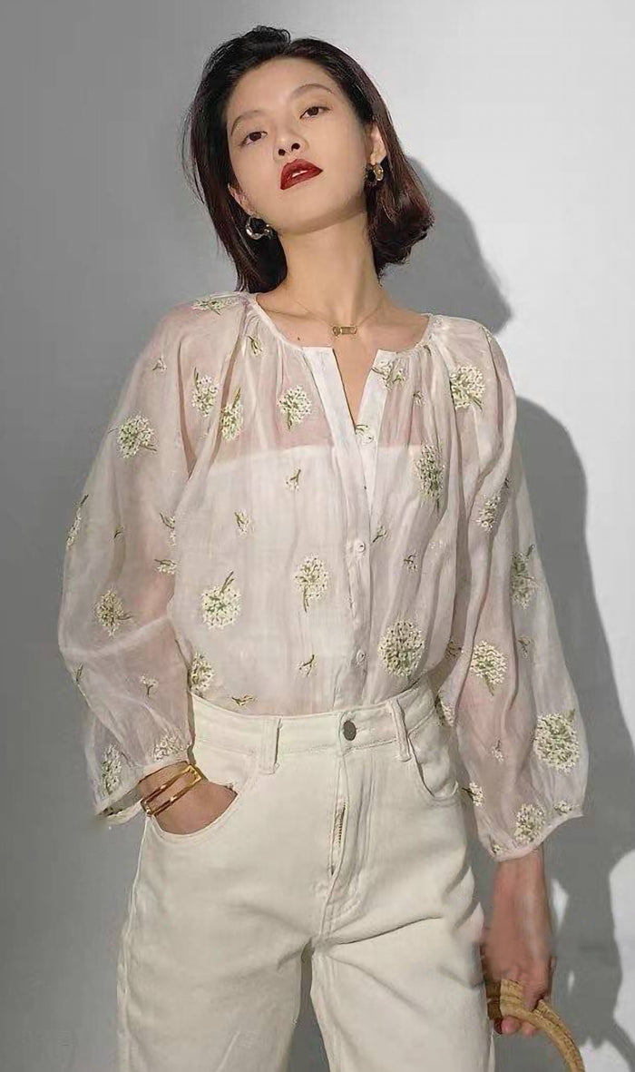 FLEUR Sheer Long-Sleeve Top (White)