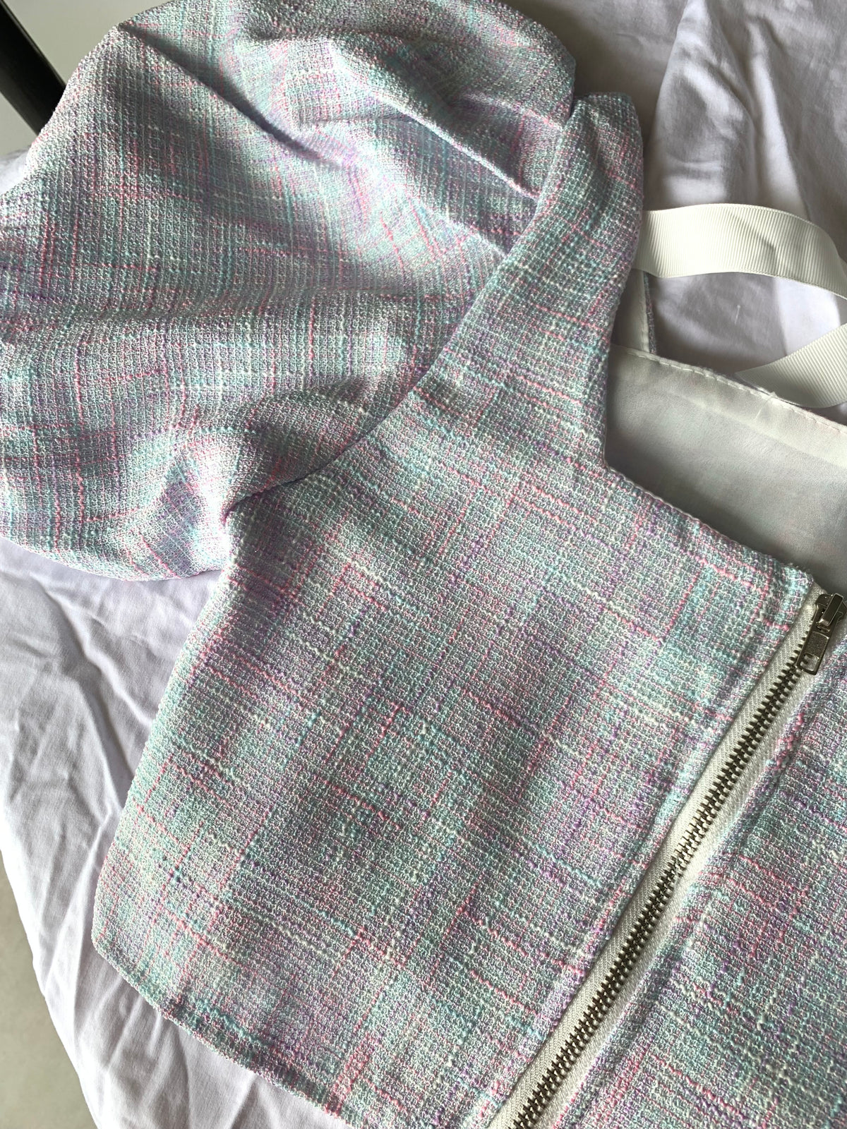 SASHA Tweed Puff-Sleeve Crop Top (Purple)