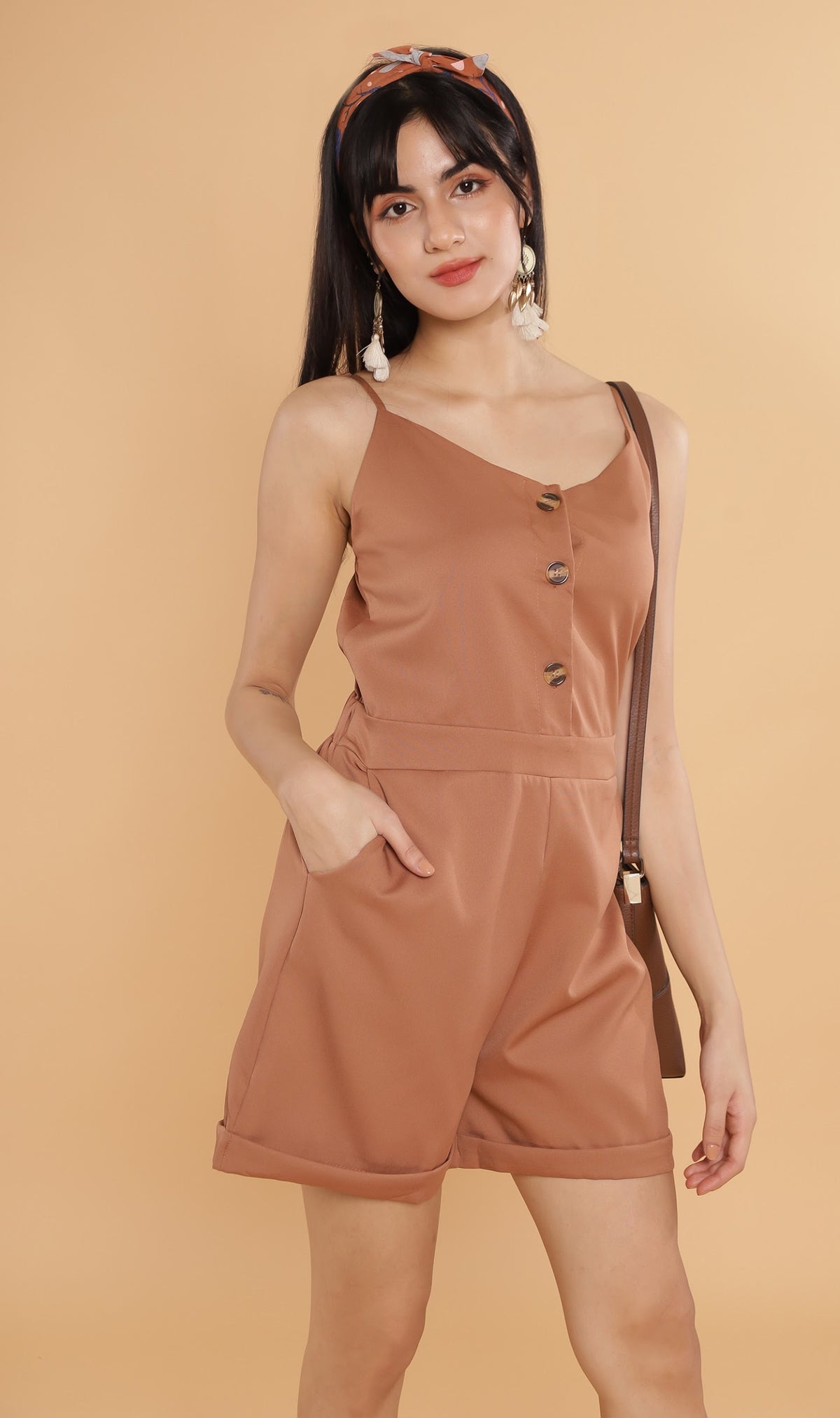 RHETT Spaghetti-Strap Romper (Mocha)