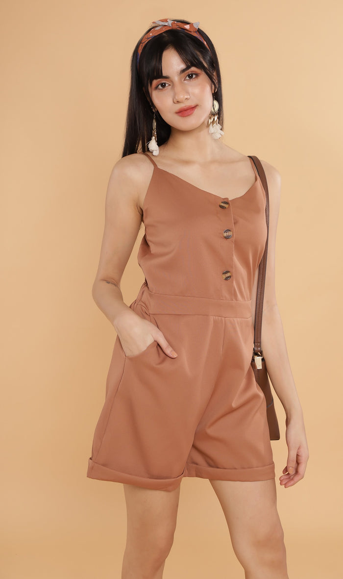 RHETT Spaghetti-Strap Romper (Mocha)
