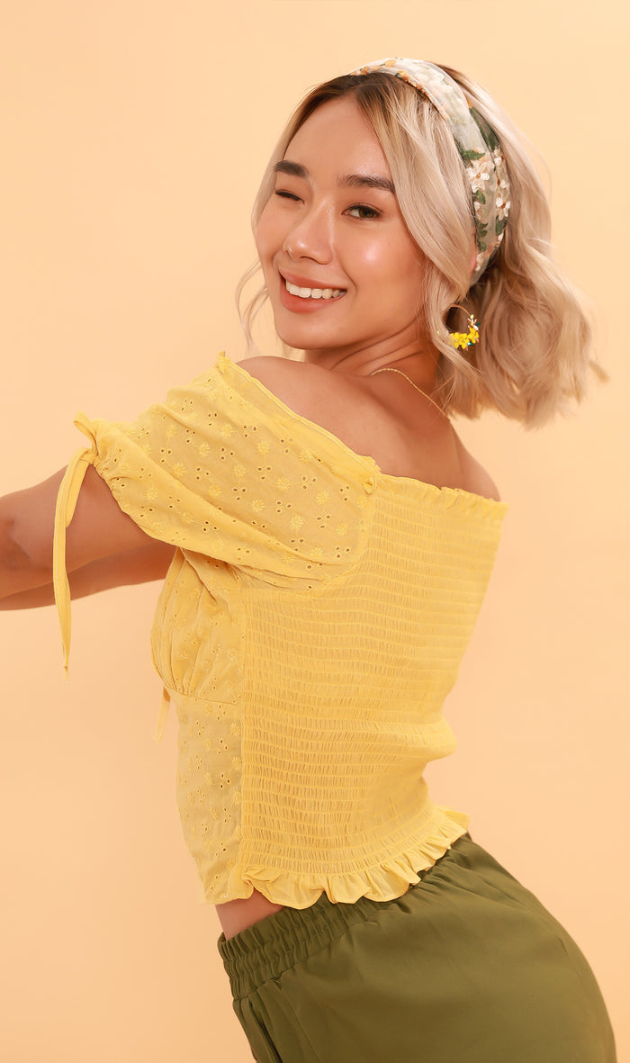 ELOISE Puff-Sleeve Eyelet Top (Yellow)