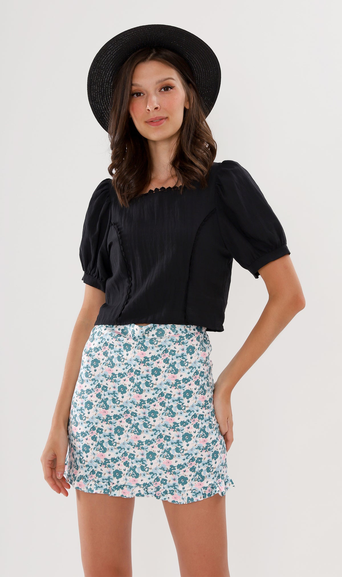ZOLA Ruffled-Hem Floral Skirt (Green)