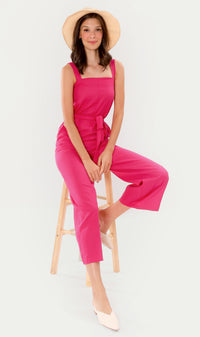 KHARI Linen Tie-Waist Jumpsuit (Magenta)