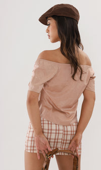 ELIANA Buttoned Flutter-Sleeve Top (Nude Beige)
