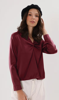 ELLIS Ruched-Front Collared Top (Wine)
