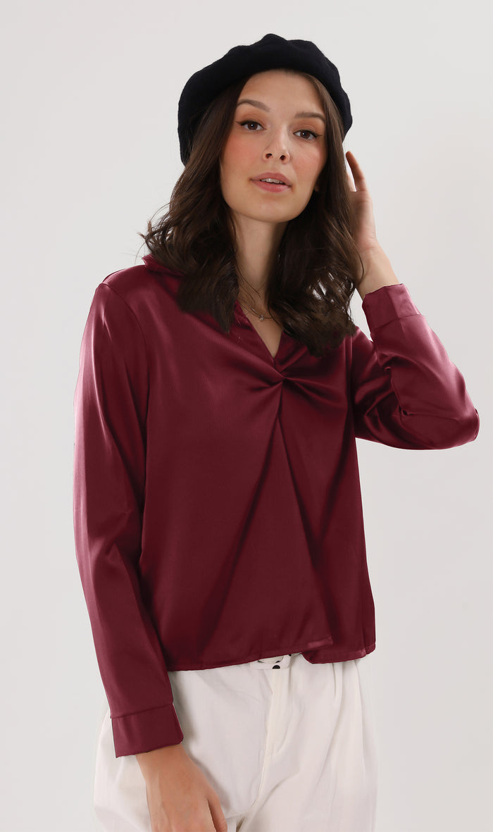 ELLIS Ruched-Front Collared Top (Wine)