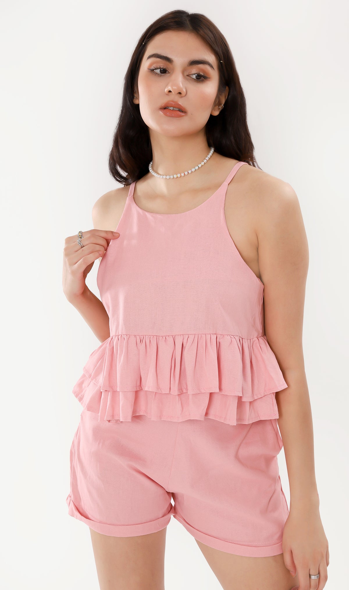ADRIEL Halter-Neck Linen Co-ord (Pink)