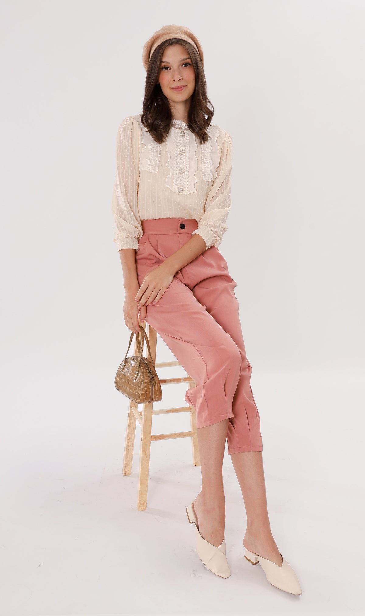 ALORA Lace-Trimmed Long-Sleeve Top (Cream)