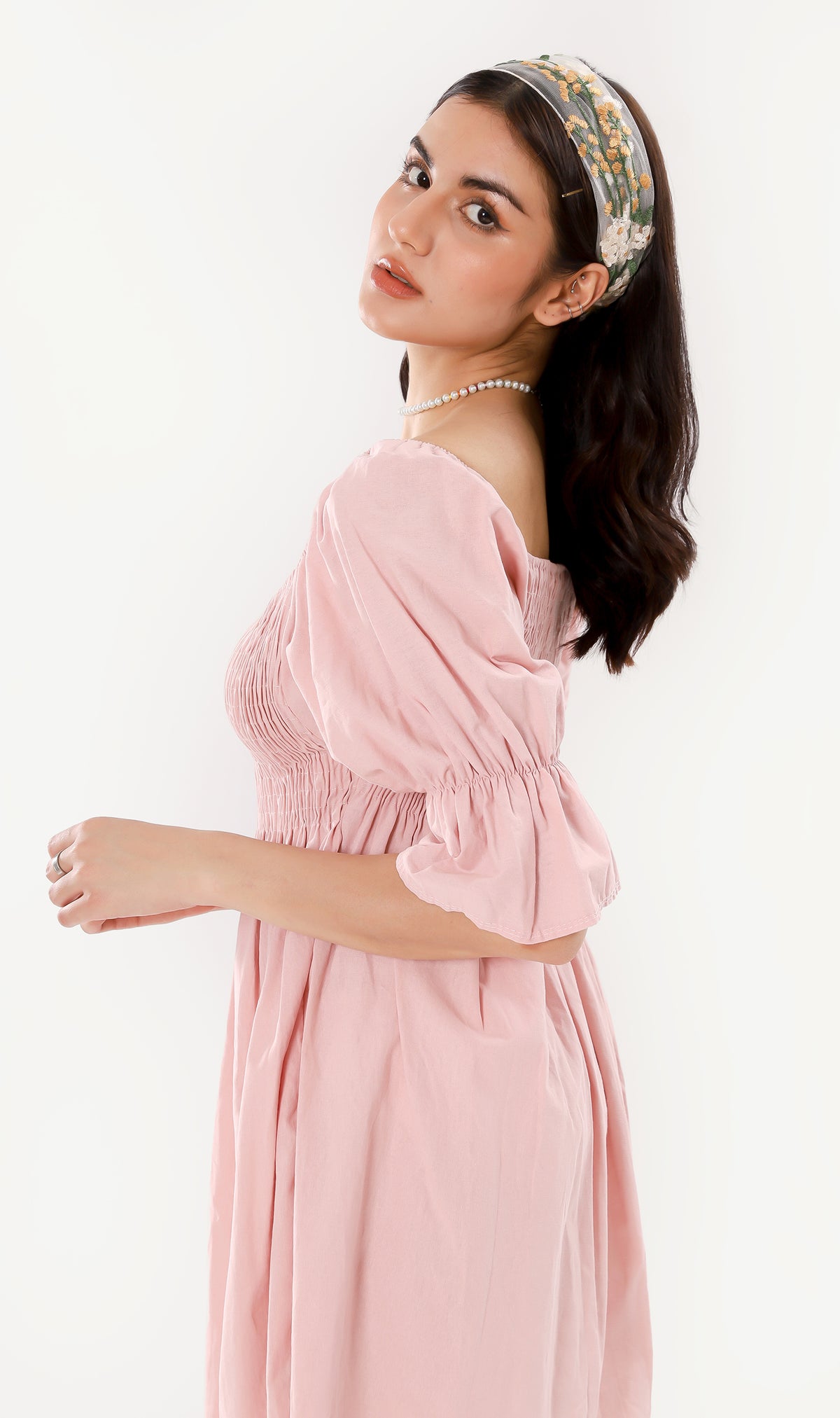 REYA Smocked Puff-Sleeve Linen Dress (Blush)