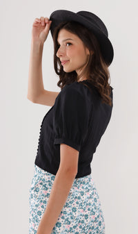MOLLY Heart-Trimmed Puff-Sleeve Top (Black)