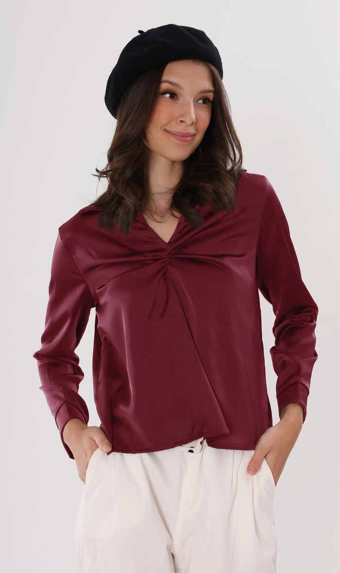 ELLIS Ruched-Front Collared Top (Wine)