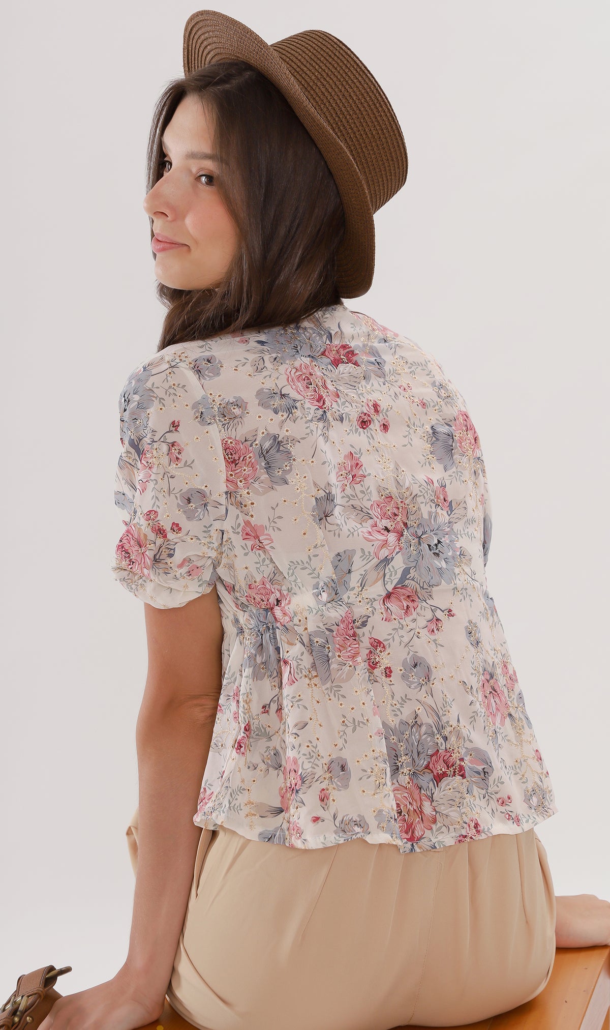 YNA Button-Down Embroidered Chiffon Top (Cream)