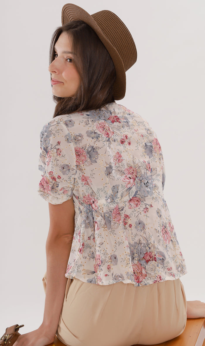 YNA Button-Down Embroidered Chiffon Top (Cream)