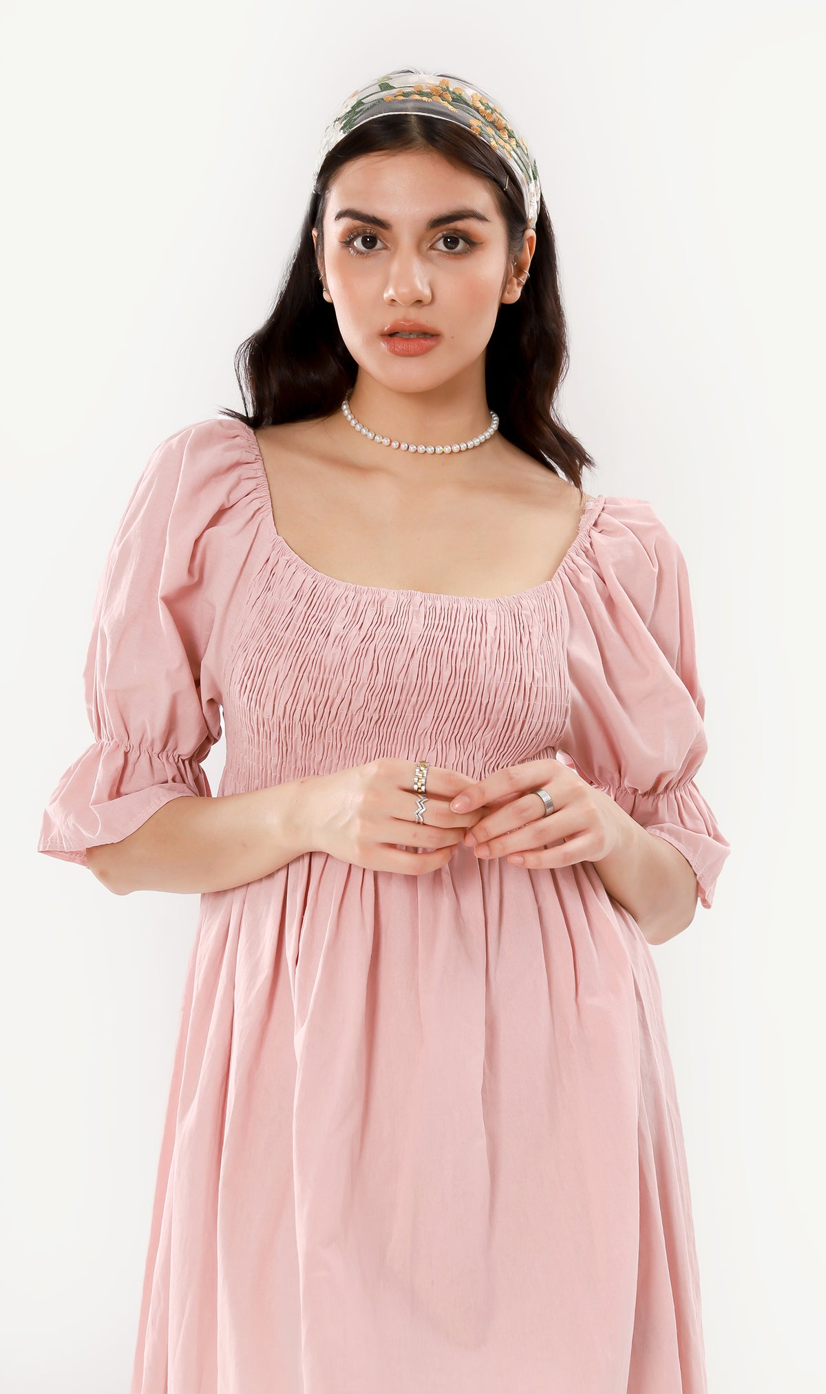 REYA Smocked Puff-Sleeve Linen Dress (Blush)