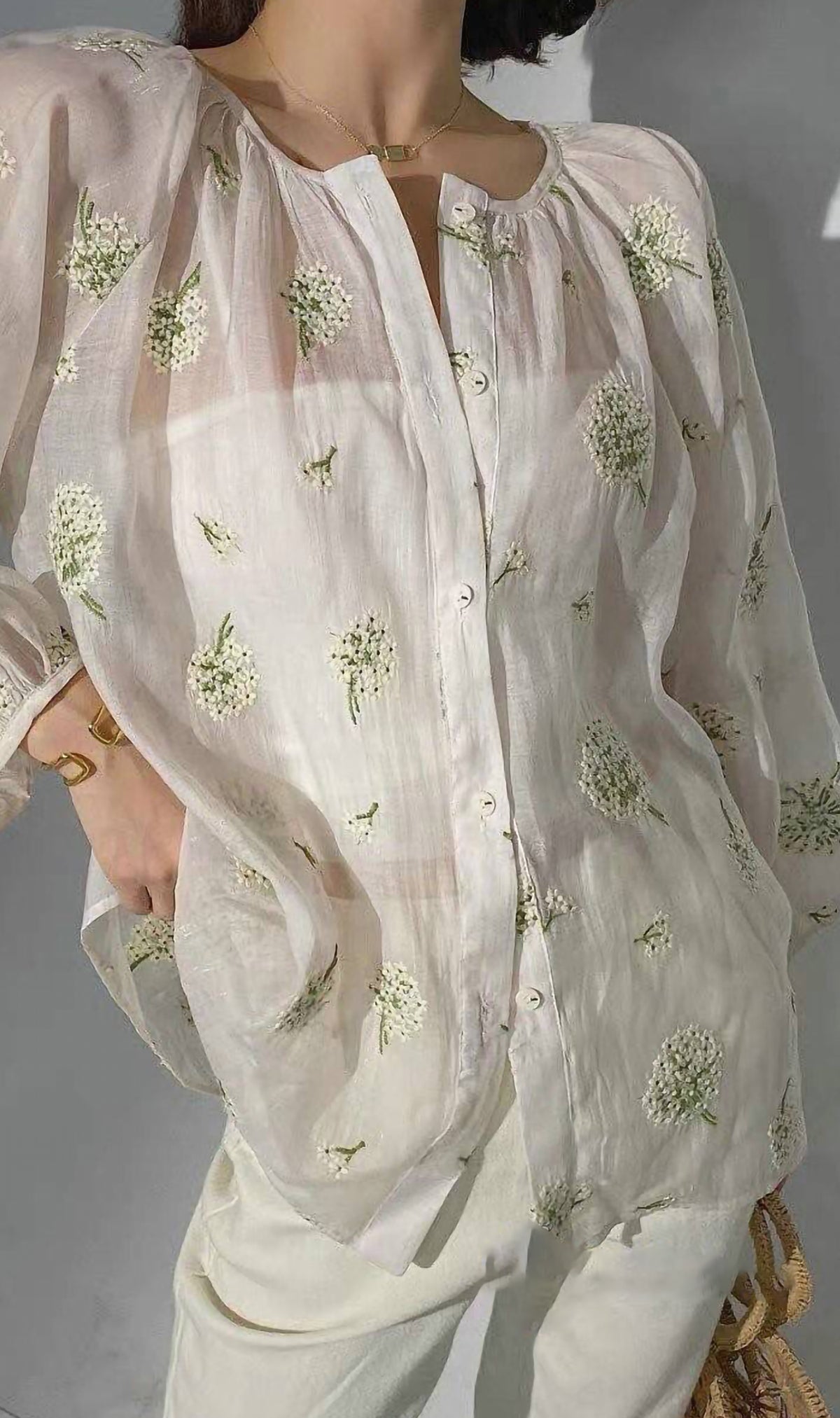 FLEUR Sheer Long-Sleeve Top (White)