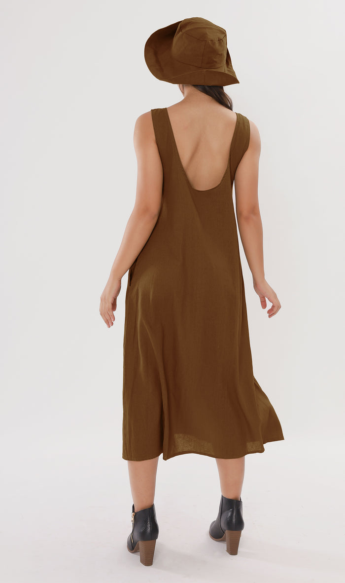 MAZIE Low-back Linen Midi Dress w/ Hat (Nutmeg)