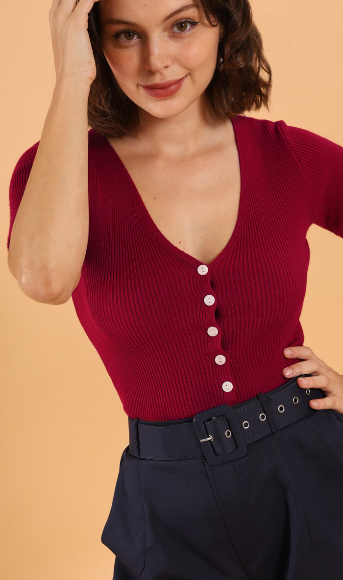 LAUREN Button-Down Knit Top (Red)