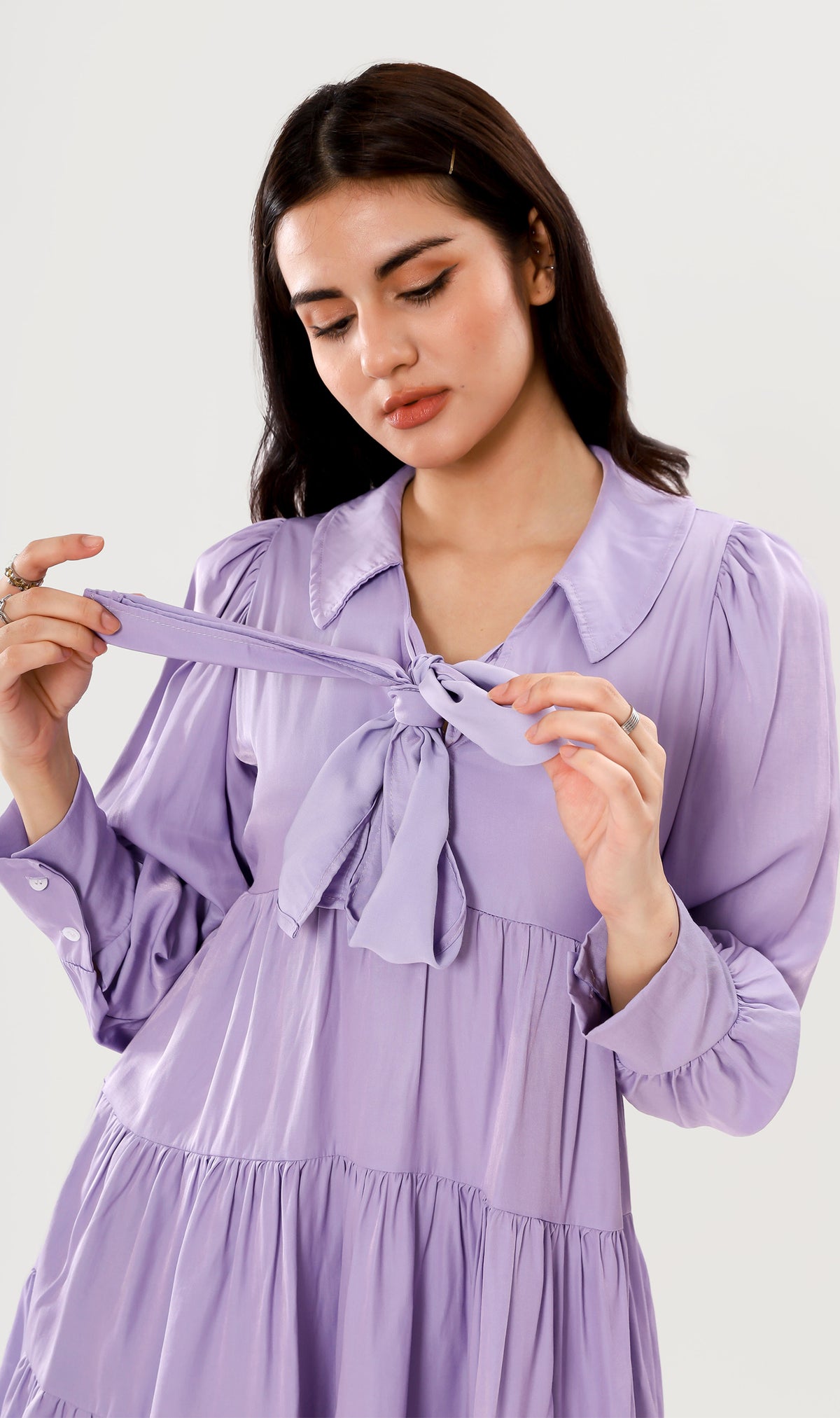 ARMELLE Ribboned Long-Sleeve Tiered Dress (Lilac)