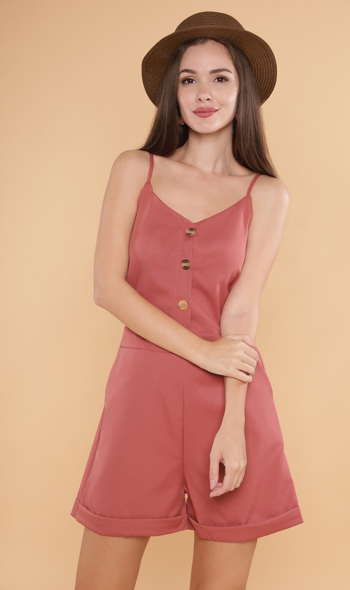 RHETT Spaghetti-Strap Romper (Dusty Rose)