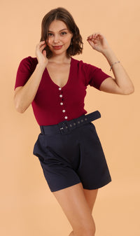 LAUREN Button-Down Knit Top (Red)
