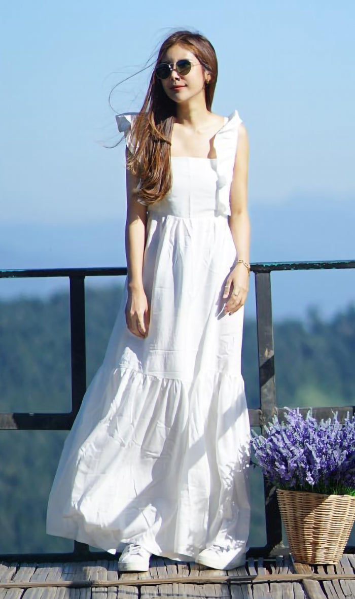 CAMDEN Ruffled-Sleeve Maxi Dress (White)