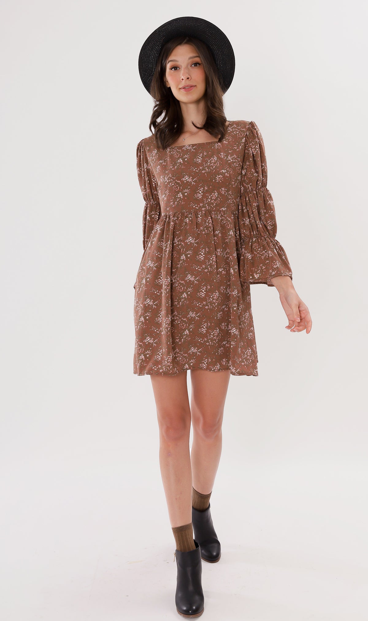 VALERIE Tiered-Sleeve Floral Dress (Mocha)