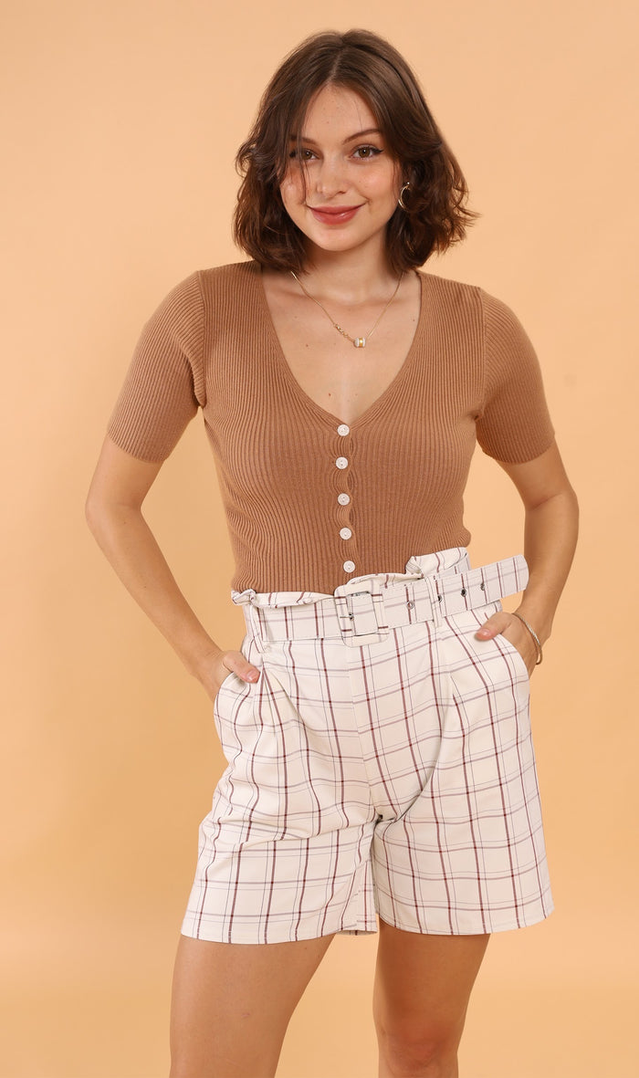 LAUREN Button-Down Knit Top (Mocha)