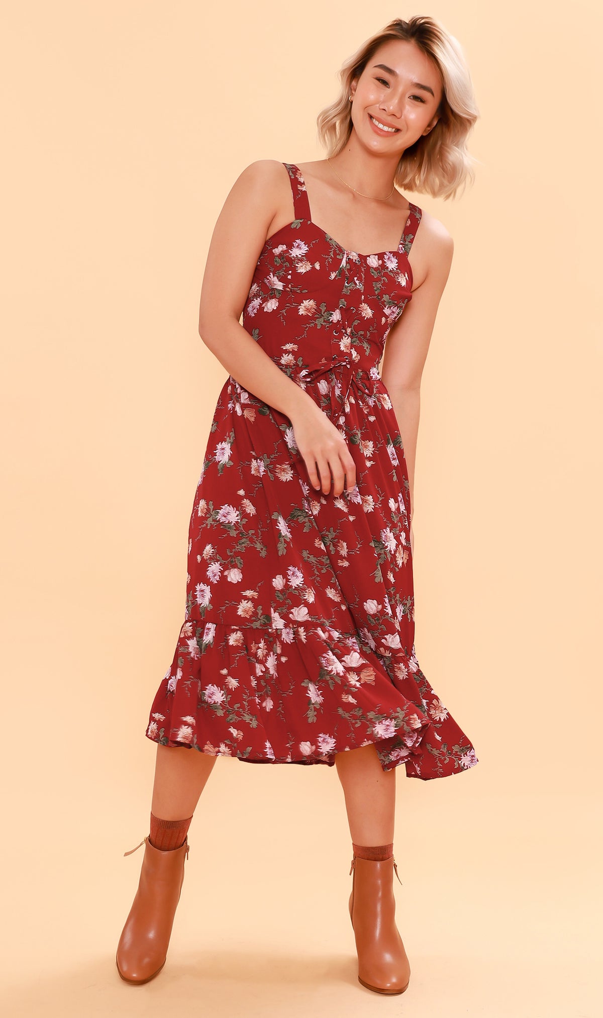 CRESSIDA Floral Lace-Up Midi Dress (Rust Red)