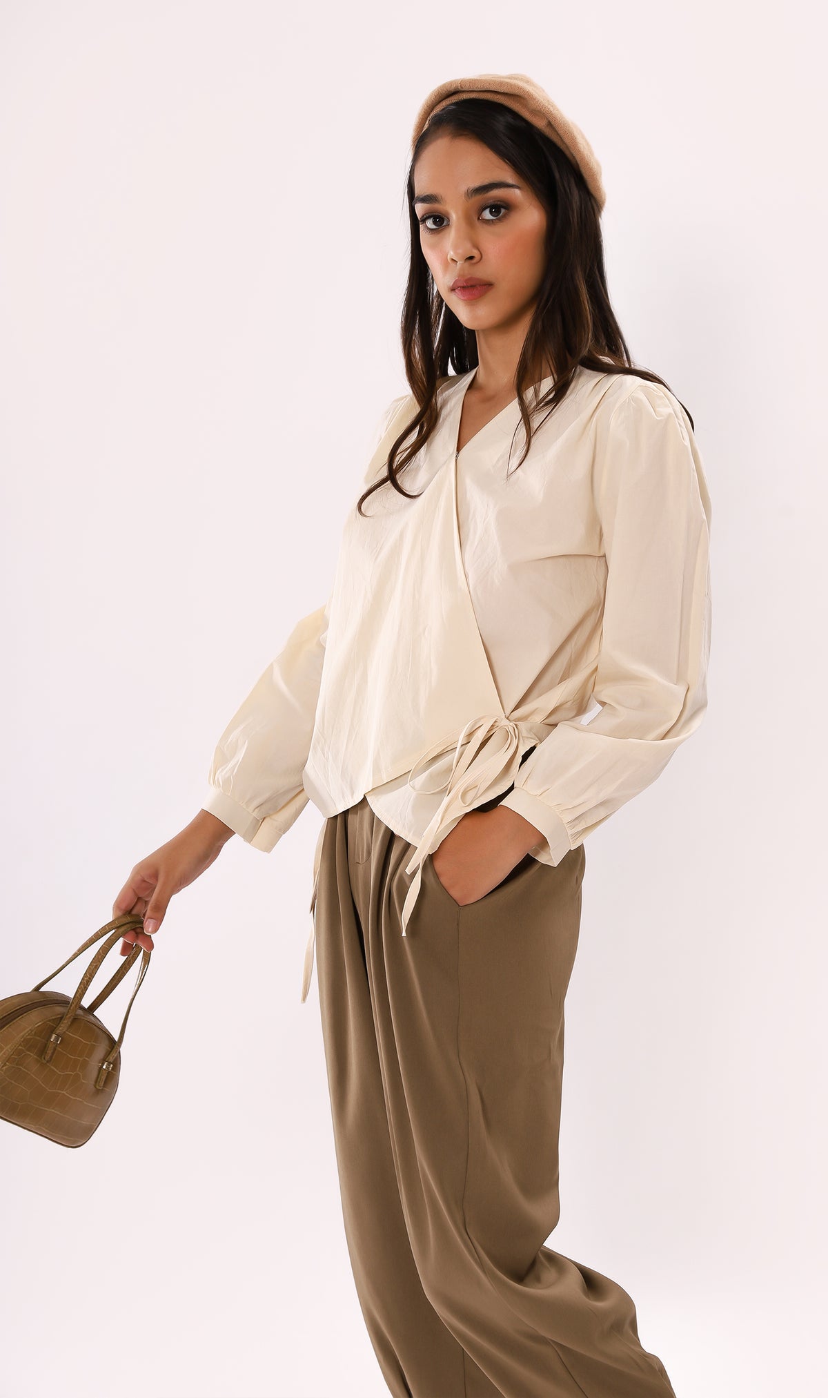 DESI Wrap-Front Long-Sleeve Top (Cream)