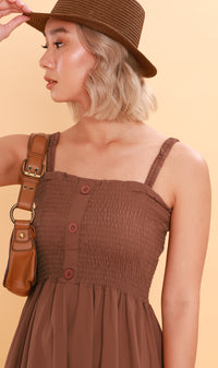 GENEVIEVE Smocked Midi Dress (Chocolate)